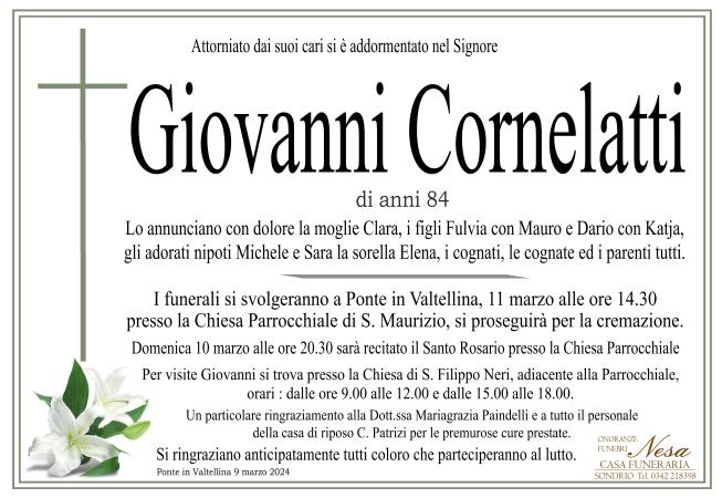 Necrologio Giovanni Cornelatti