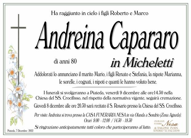 Necrologio Andreina Capararo in Micheletti